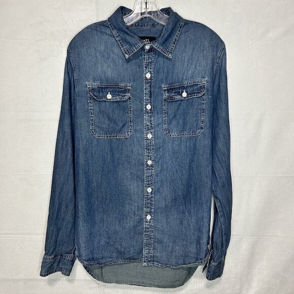 Rue 21 Denim Button-Down Collared Western Shirt Flap Pockets Sz L - Picture 1 of 8